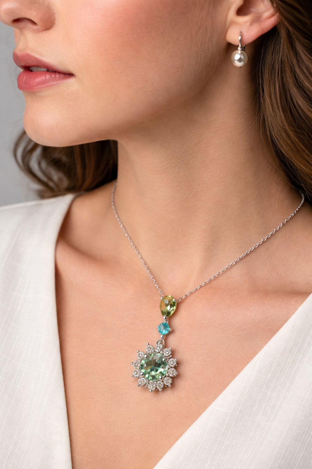 Multi Stone Floral Pendant (18K White Gold)