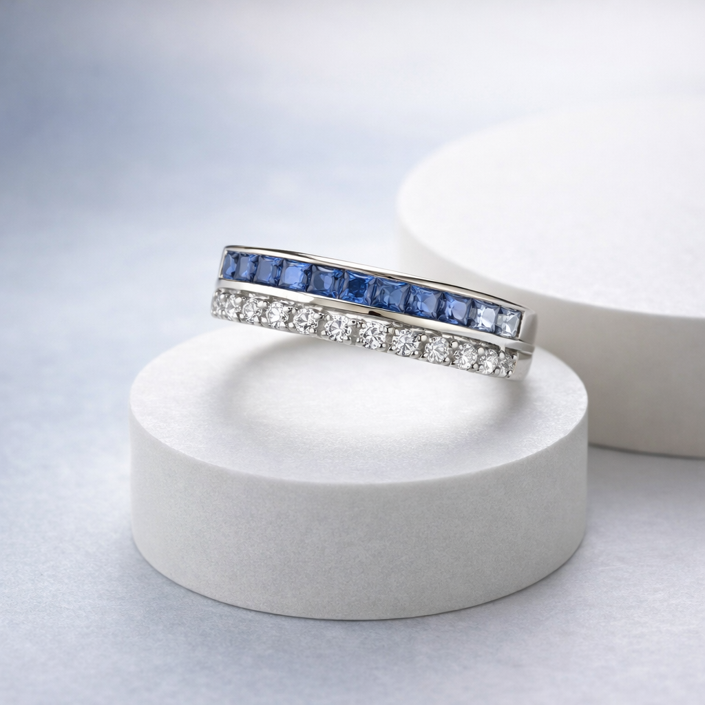 Blue Sapphire & Diamond Dual Band Ring
