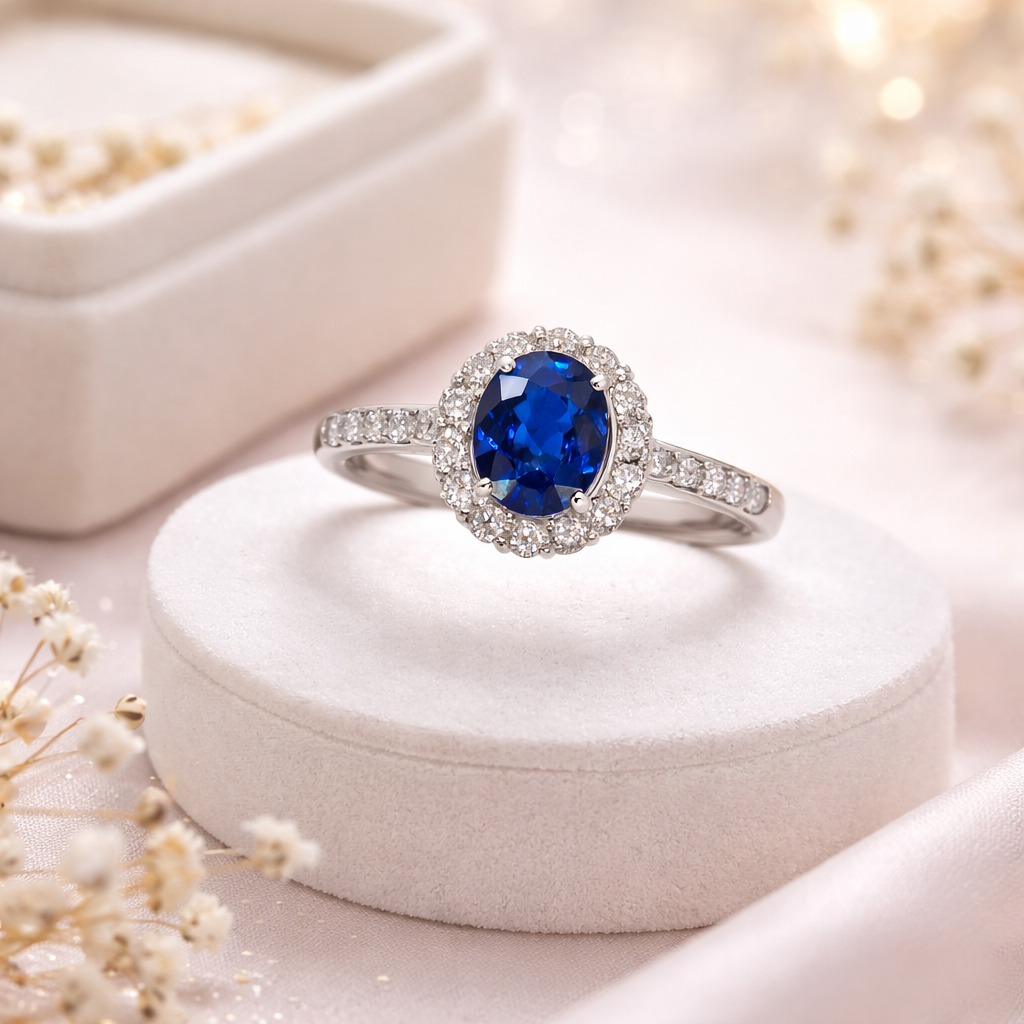 Oval Blue Sapphire Halo Ring